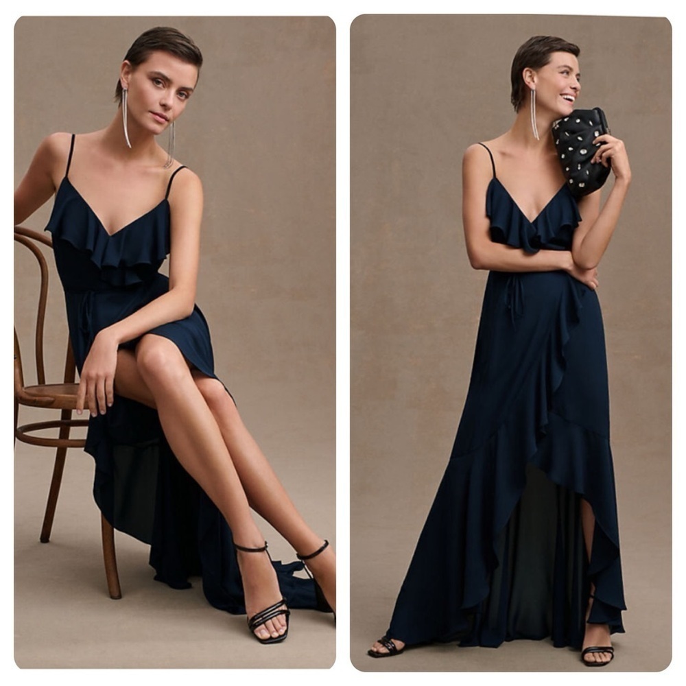 BHLDN Hailee Ruffle-Neck Wrap Georgette Gown Blue Navy‎ Bridesmaids Size 10 NWT